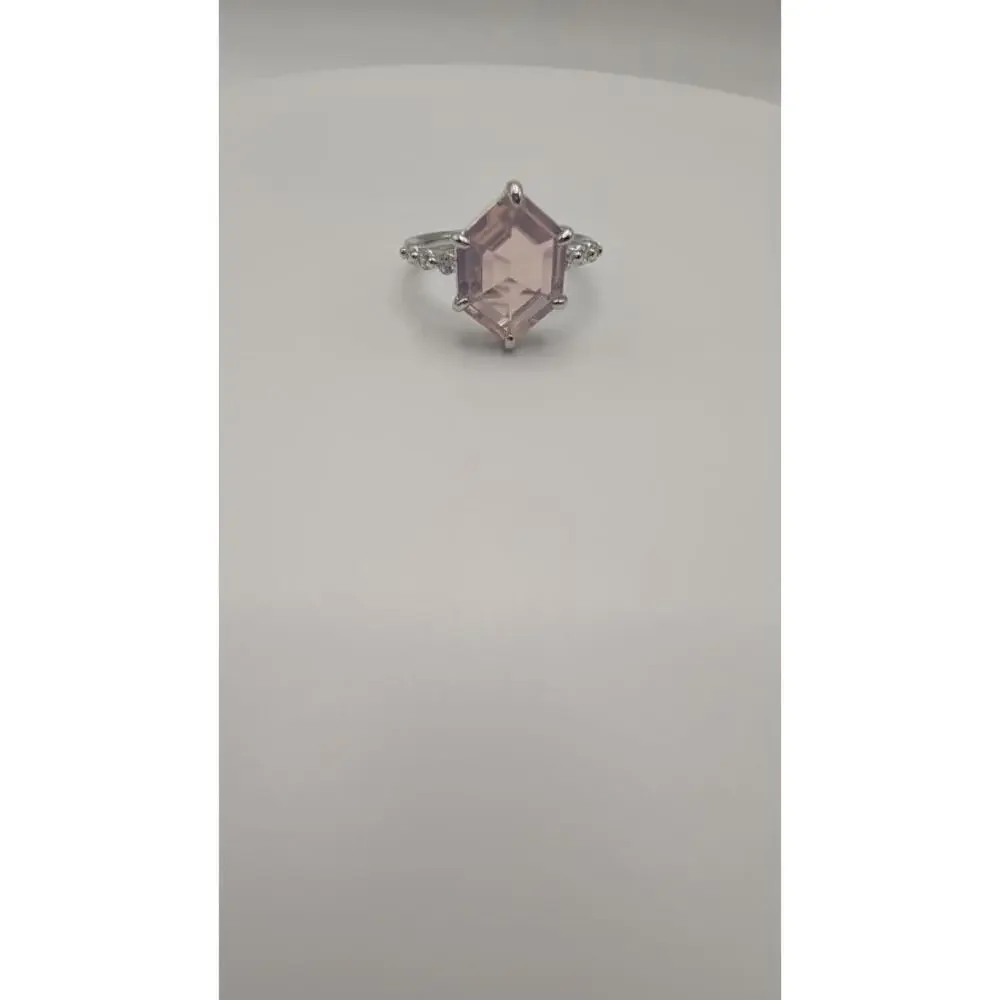 Silver Ring with Hexagonal Pink Gemstone and Decorative Side Stones Size 7